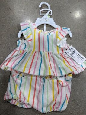 Jessica Simpson White Baby Matching Set with Pink, Yellow, Blue, Green Stripes